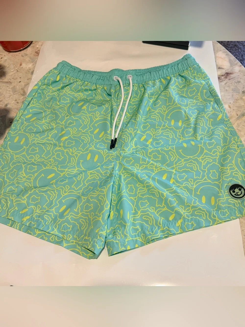 Neff Men's Swim Shorts XL Blue Yellow Smiley Graphic Drawstring Back Pocket